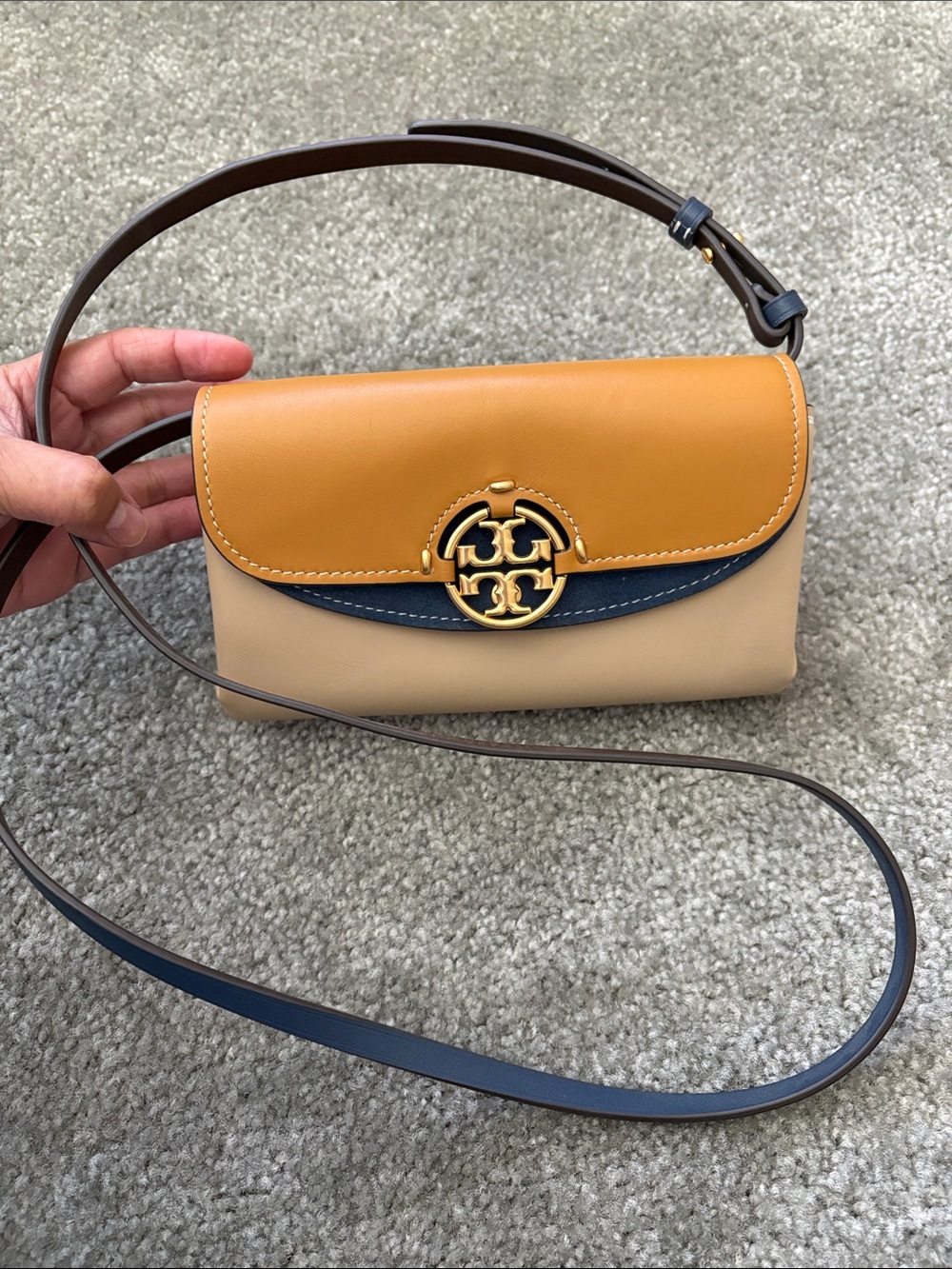 Tory Burch Miller Color-Block Crossbody Wallet in Brown & Blue